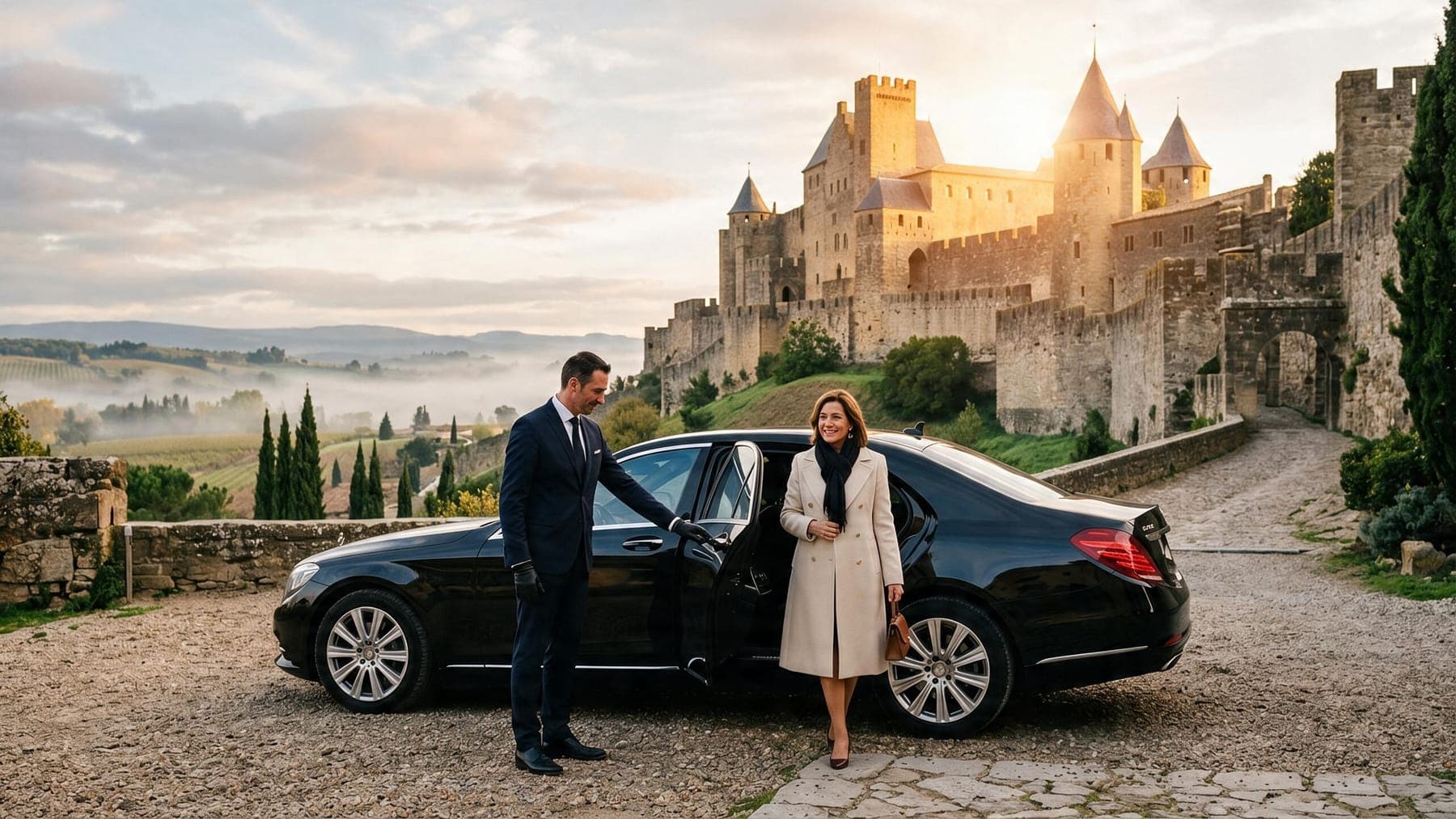 Couple accueilli à la portière d'une berline City Zen Way par son chauffeur