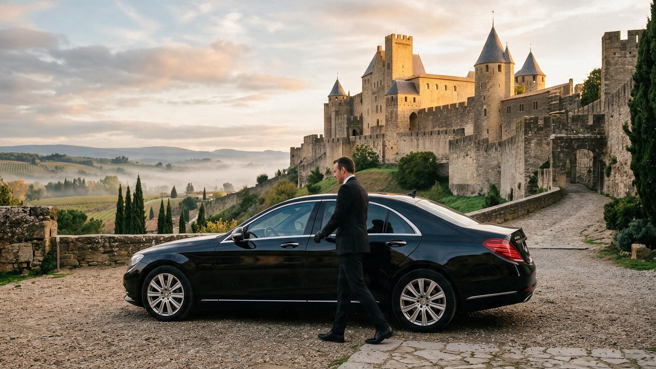 Chauffeur City Zen Way rejoignant sa berline devant la Cité au petit matin